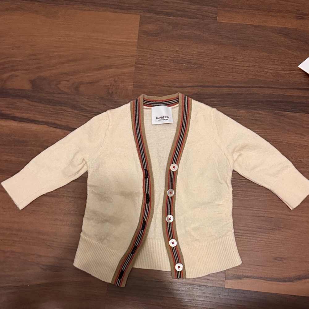 Burberry Cream Cardigan with Multicolor Stripe Trim